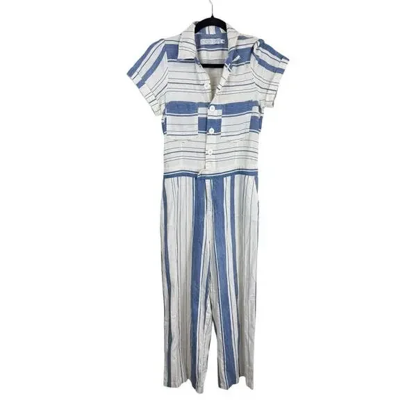 Christy Dawn Prudence Linen Short Sleeve Jumper Nilah Striped Blue White Size M